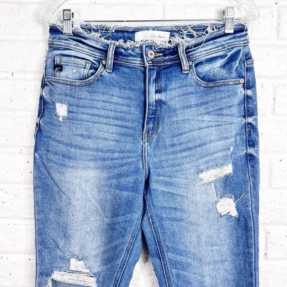 KANCAN Distressed Straight Leg Jeans raw hem and raw edge waist stretch jeans - Picture 4 of 6